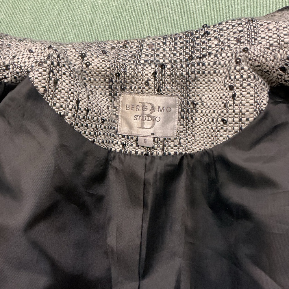 Bergamo Studio Tweed Blazer Jacket Black White Sequin Trim Size 6 - Picture 2 of 13